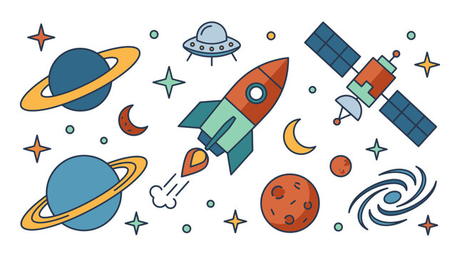 Cartoon space rocket seamless pattern vector illustration with space travel summer fun icons airplane fish boat sky beach toy spaceship for kids design