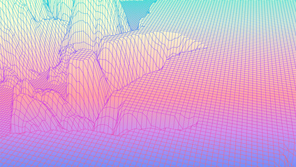 Digital landscape with mountains and plateus made of line grid in futuristic technology or science style © swillklitch