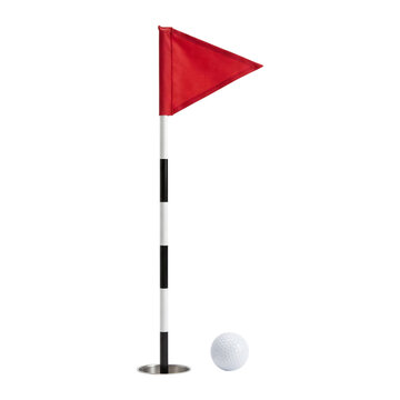 Golf flag with red pennant and ball, isolated on transparent background