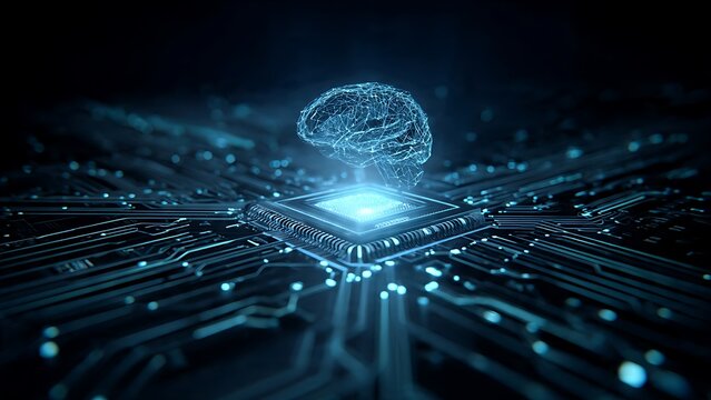 Digital brain floating above a hightech computer processor chip