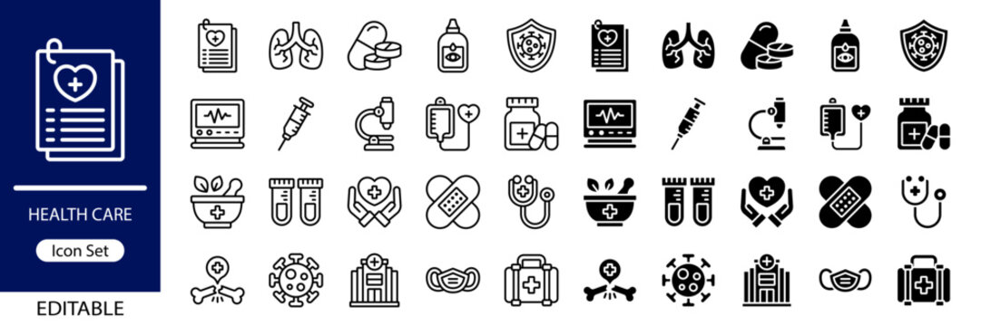 Health Care Icon Set - Outline and Flat Vector Icons Style - Vector Pack	