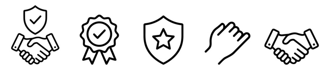 Set of black line icons representing handshake agreements, security badges, and a hand gesture on white background on transparent background © Артур Дацко