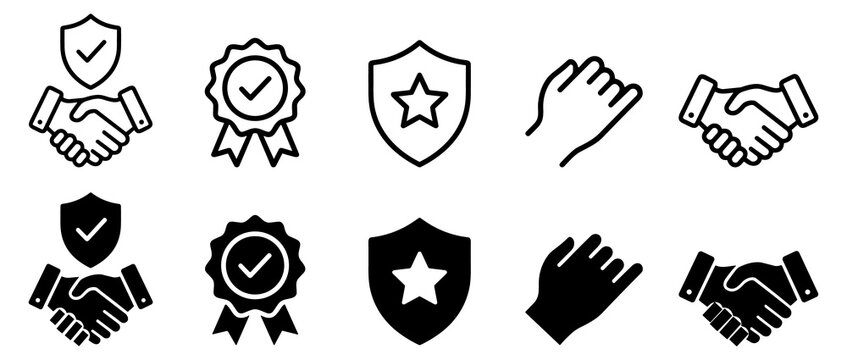 Set of handshake, shield, and badge icons in outline and solid styles representing agreement, protection, and quality on transparent background