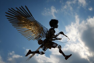 Obraz premium Golden wings spread wide against the sky. Silhouette of a flying figure, mid-leap, powerful and free. Clouds swirl behind, framing motion and grace. Dreamlike energy pulses through the metallic frame