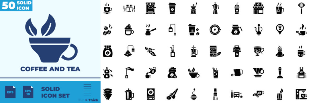 Coffee And Tea Solid Editable Icons set