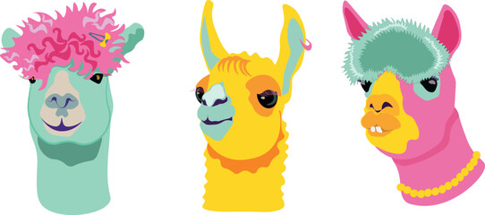 Set of Cute cartoon llama head with accessories for kids design and stickers © Юля Люта