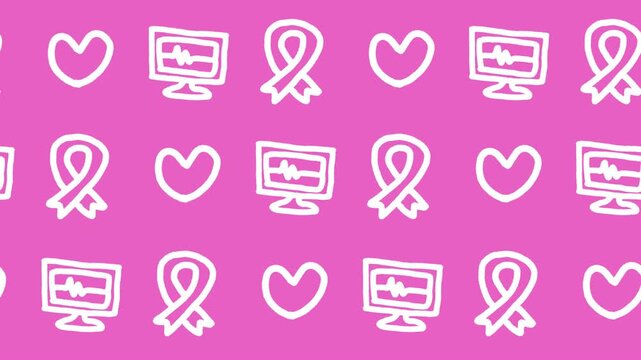 Hand-drawn breast cancer awareness seamless pattern with pink ribbon, heart, and ECG icons in horizontal background animation. Cute medical doodle wallpaper with heart vital sign and support symbols.