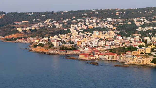 Beautiful Old city, Greece and best scenic places - panorama of picturesque old town Chania. Crete island, Panoramic of the old Venetian port and lighthouse during the blue hour, Travel Concepts