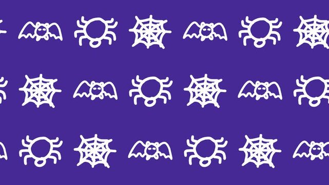 Hand-drawn Halloween seamless pattern with bat, spider, and spiderweb icons in horizontal background animation. Cute spooky doodle wallpaper with minimalist white line art element concept.