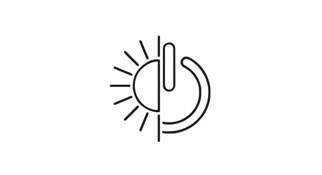 Sleek line art icon merging sun rays with a power button, symbolizing dynamic light-dark mode toggling, energy control, brightness settings, and system activation