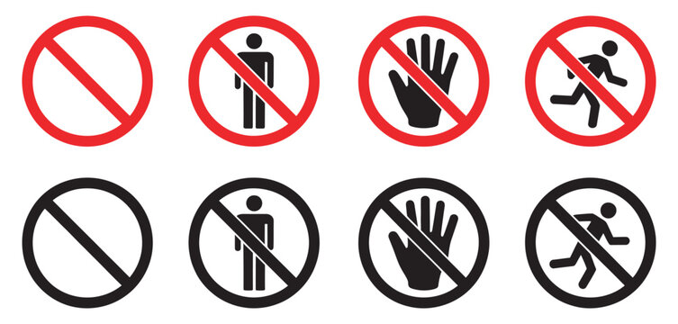 Prohibition warning icon vector set, no entry stop hand symbols and forbidden safety signs for restricted action and hazard alert design
