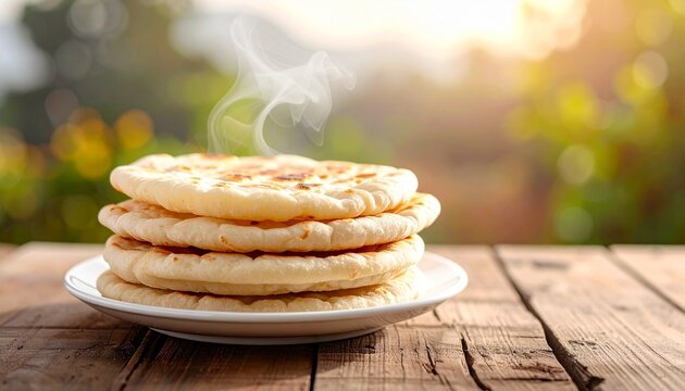 Stack of hot flatbreads on white plate, steam rising in rustic sunlight, cozy homemade atmosphere with warmth and comfort&hellip;
