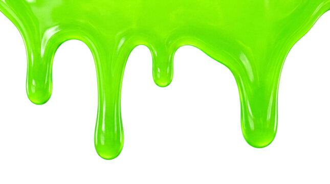 Green liquid drips with glossy texture, isolated on transparent background