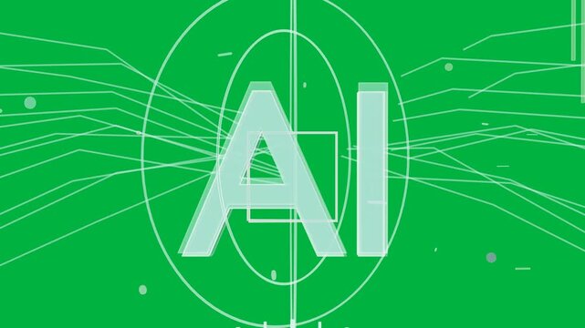 Center AI glyph scaling, initiating rings and ribbons, dots filling transparent stage, logo forming