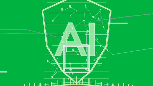 Mint-green AI glyph appearing on transparent bg forming square tracing shield showing data security