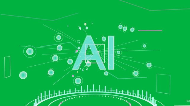 AI enlarging, revealing neon ring, nodes orbiting and linking, showing token flow on transparent bg