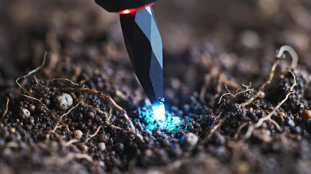Laser tool emitting blue light on soil emphasizing network speed and cloud computing