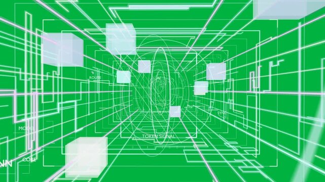 Camera moving into tunnel wireframe rings rotating cubes drifting transparent field showing data