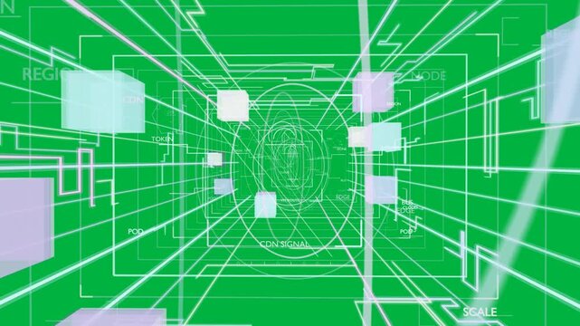 On data pulse grid tunnel forming, camera moving, cubes and labels showing flow, transparent