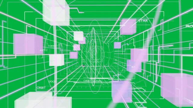 Point appearing wire tunnel moving inward while cubes drifting HUD showing nav data transparent BG