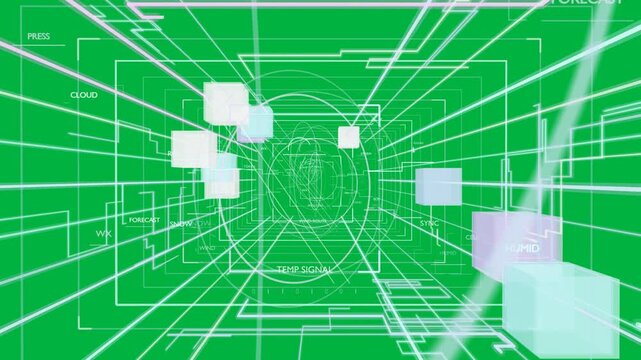 Black transparent field appearing, wireframes forming tunnel, cubes drifting, HUD tags showing data