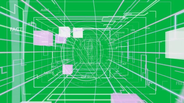 Reticle pulsing initiating grid tunnel growing, cubes moving, labels showing data, bg transparent