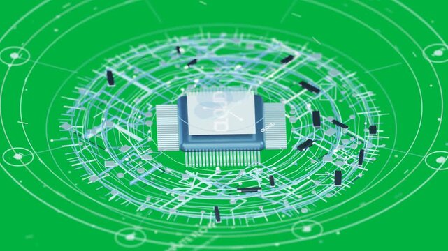Chip powering up adding pins, forming spinning rings and traces showing active core on transparent