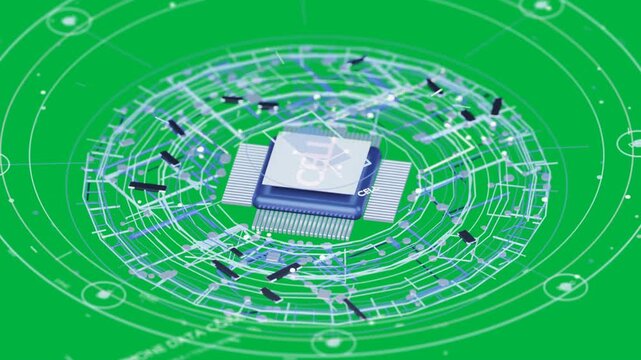 Pale square transforming into microchip, powering ring circuits orbiting showing data, transparent