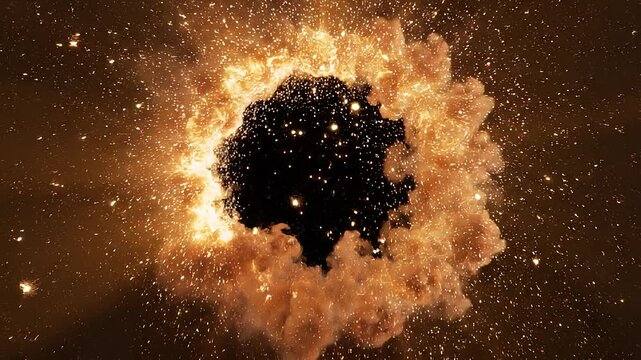 Powerful golden spark shockwave ring expanding with vapor on black loop2