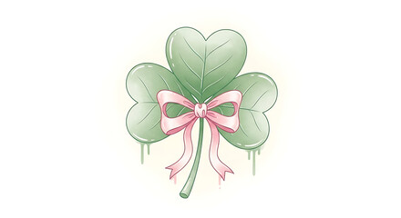 Fototapeta premium Four-leaf clover with pink ribbon isolated on a transparent background, clover green leaves, decorative clover
