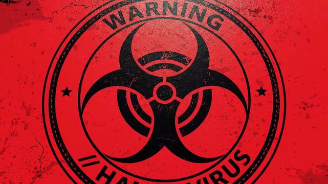Hantavirus biohazard warning sign motion graphic animation featuring red grunge texture background for medical research and public health safety video