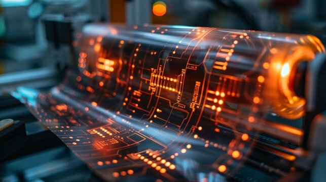 Glowing circuitry pulses with warm orange light. Futuristic design wraps around a sleek mechanical form. Precision engineering dominates this high-tech vision. Ideal for tech, innovation