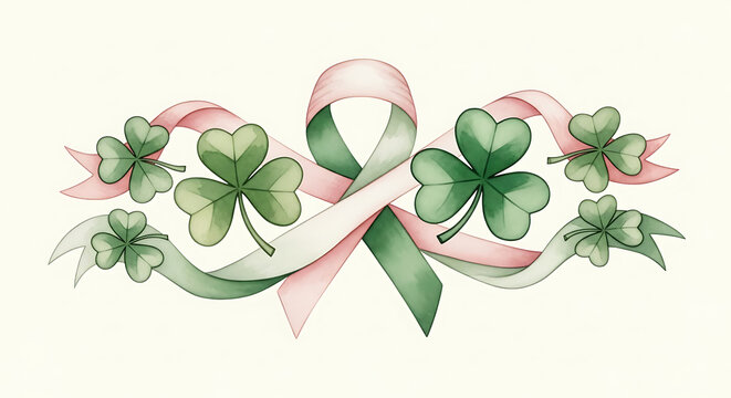 Irish claddagh ribbon with shamrocks isolated on a transparent background, irish ribbon claddagh symbol