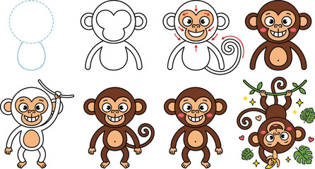 Cute monkey drawing tutorial with step by step kawaii jungle animal character illustration for children education stickers and cartoon wildlife design © Sreemotimadhobi