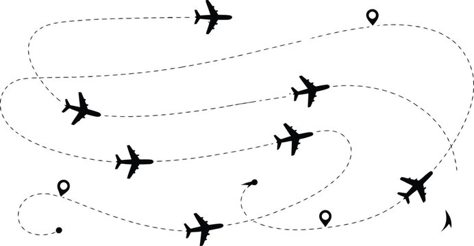 Airplane flight paths with travel destination pins for navigation concept airplane aviation navigation destination vacation location transport transportation geography connection