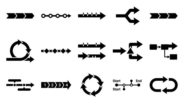 Collection of various black arrows and flow chart symbols.