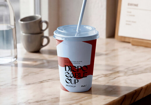 Disposable Coffee Cup Mockup in Cafeteria Scene
