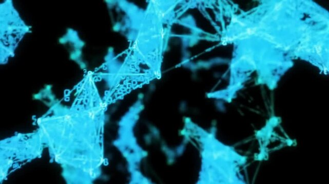 Luminous electric blue and emerald green data streams, intricately interconnected nodes, and digital particles pulse and ripple with fluid motion against an abyssal black void. Wide video dolly