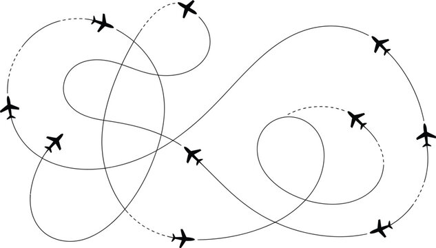 Conceptual sketch of tangled airplane flight routes and travel patterns with airplane aviation trajectory transportation navigation business movement connection destination logistics
