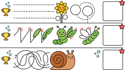 Educational tracing and pattern recognition worksheet with caterpillar flower and snail activities for preschool learning cognitive training and children development games © Sreemotimadhobi