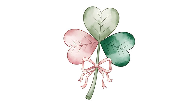Three-leaf shamrock with pastel hearts and bow isolated on a transparent background, three-leaf clover