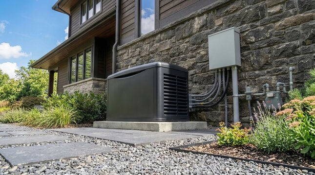Residential Backup Generator System Installed Outside a Modern House.
