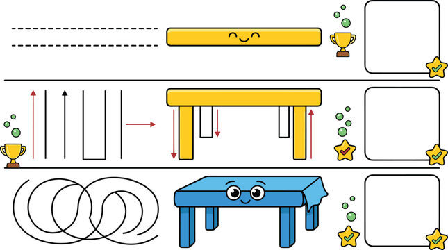 Educational tracing and pattern recognition worksheet with cute table activities for preschool learning motor skills and children cognitive development games