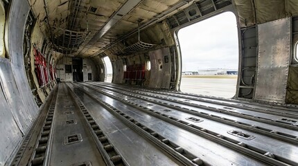 Obraz premium Empty Interior of a Large Military Cargo Airplane with Open Door.