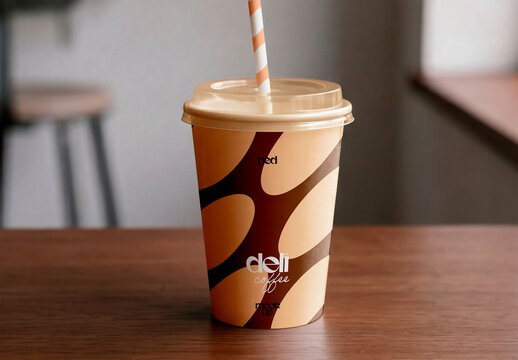 Disposable Coffee Cup Mockup on Wooden Cafeteria Counter