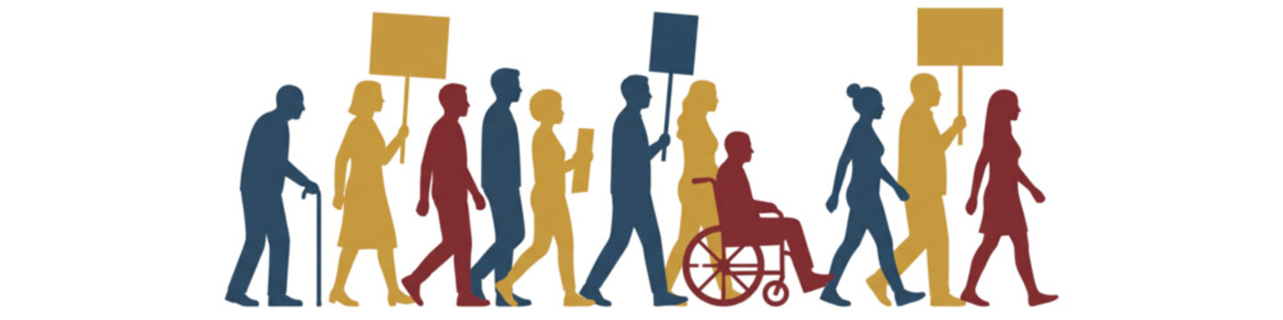 Diverse protest march crowd silhouette with blank placards including elderly, disabled wheelchair person and women, civil rights demonstration vector illustration on white background

