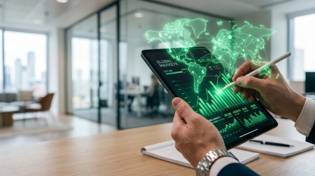 Business person using tablet with green digital global map and financial charts overlay