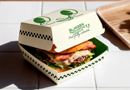 Open Burger Box Mockup with Food Inside