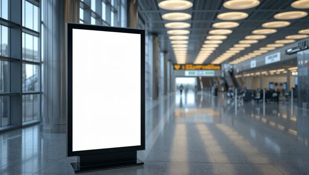 空港ターミナルに立つ空白デジタルサイネージの広告背景