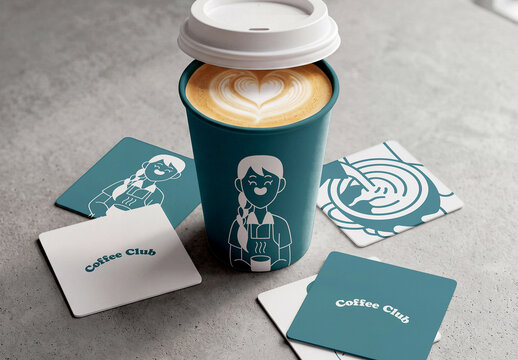Coffee Cup Mockup with Coaster Cards in Cafeteria Scene